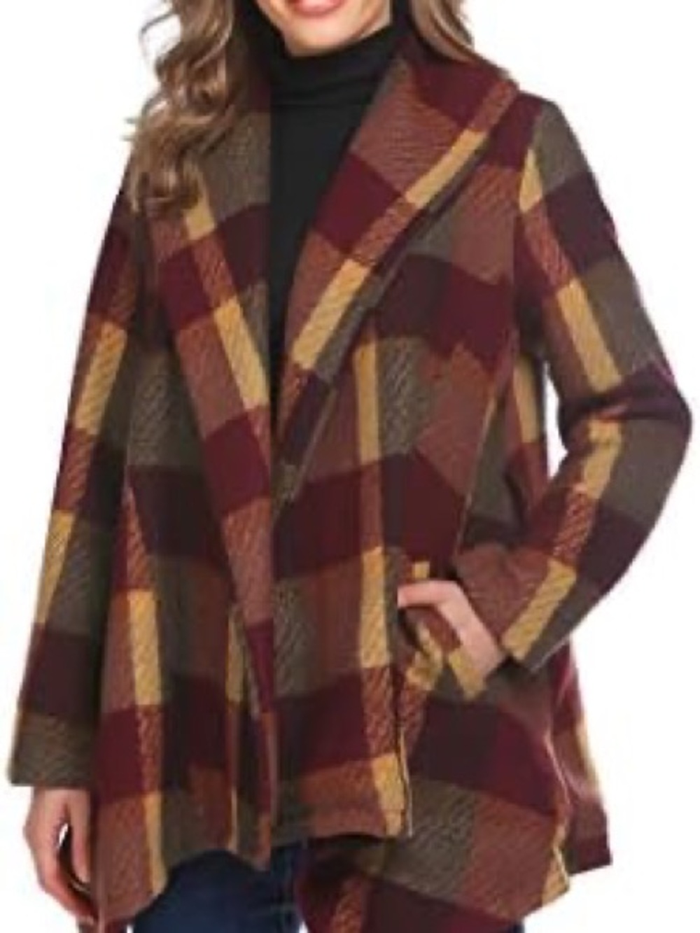 Chicwish Plaid Wool Coat in Burgundy & Mustard size small, missing belt